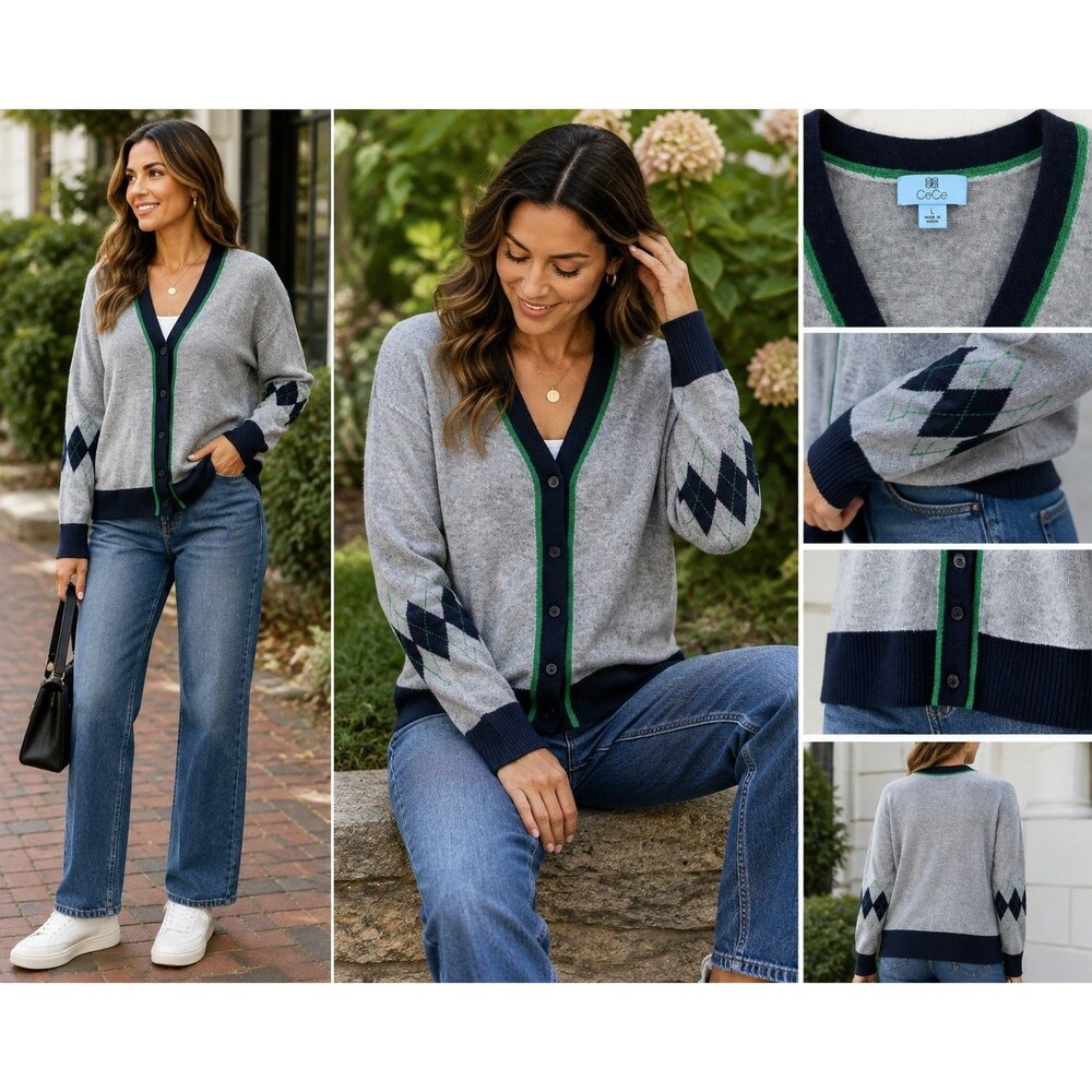 New CeCe Women L Gray Argyle Sleeve Cardigan Sweater Preppy Academia Cozy Chic